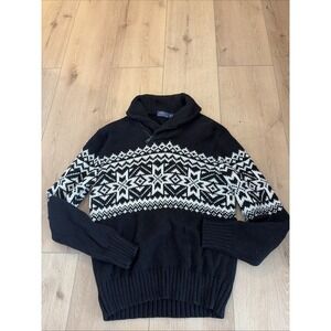 Polo Ralph Lauren Sweater Men Medium Black Fair Isle Angora Cotton Shawl Collar